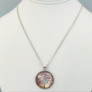 Tree of Life Pendant Necklace Yellow Purple Silver Tone